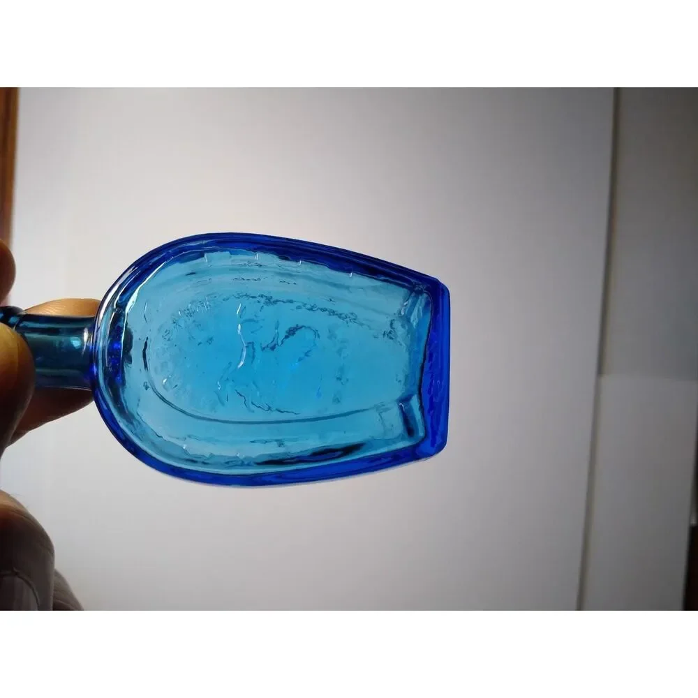 Wheaton Blue Carnival Glass Bottle Horse Shoe Bitters Medicine 1970's Mini 3